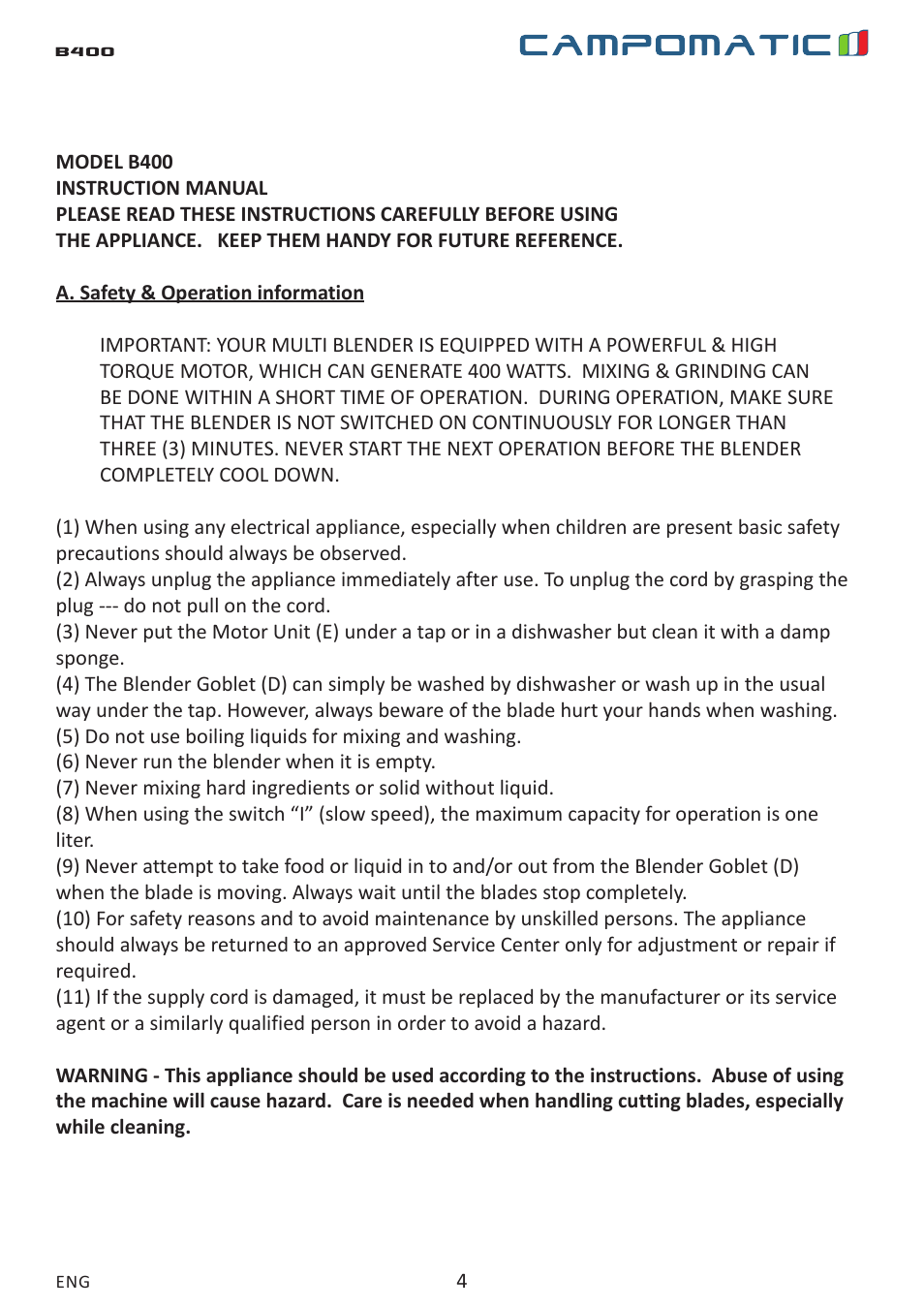 Campomatic B400 User Manual | Page 4 / 22