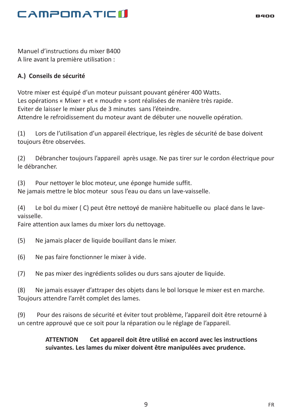 Campomatic B400 User Manual | Page 9 / 22