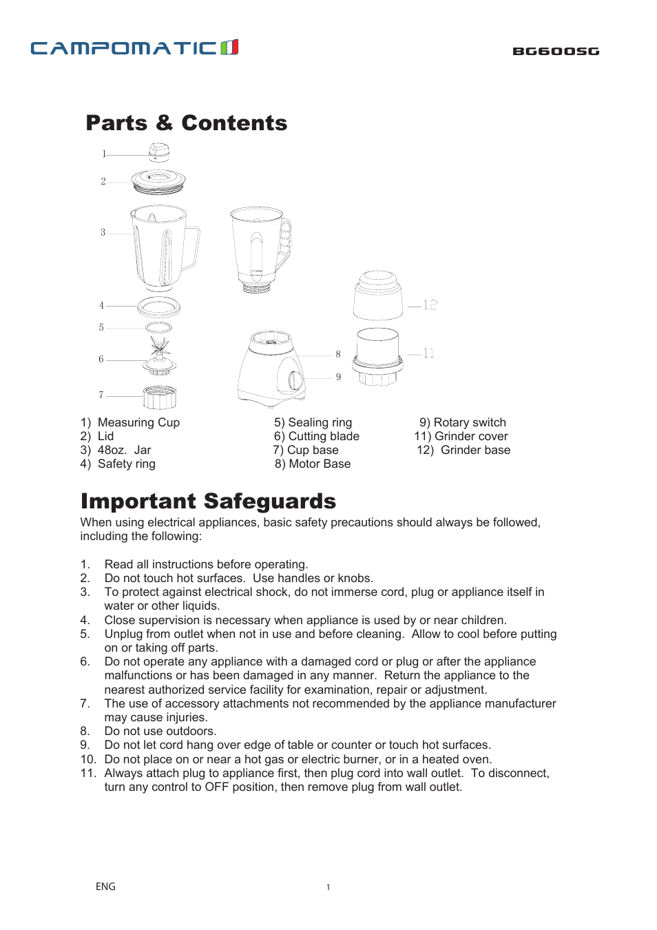 Parts & contents, Important safeguards, Bg600sg | Campomatic BG600SG User Manual | Page 2 / 8