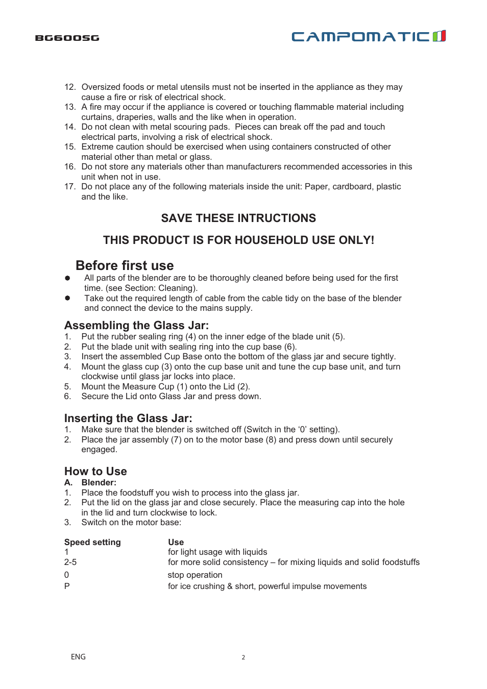 Bg600sg, Before ﬁrst use, Assembling the glass jar | Inserting the glass jar, How to use | Campomatic BG600SG User Manual | Page 3 / 8
