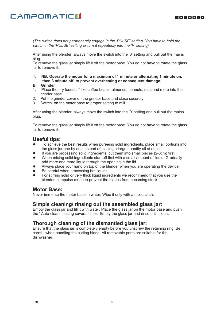 Bg600sg, Useful tips, Motor base | Thorough cleaning of the dismantled glass jar | Campomatic BG600SG User Manual | Page 4 / 8