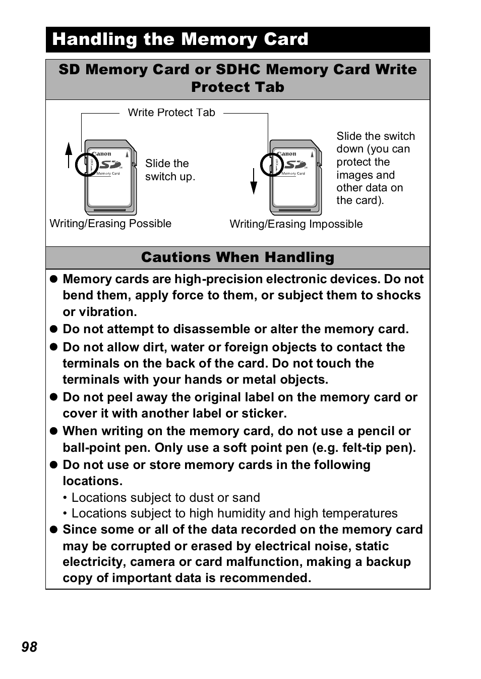 Handling the memory card, P. 98) | Canon A560 User Manual | Page 100 / 127