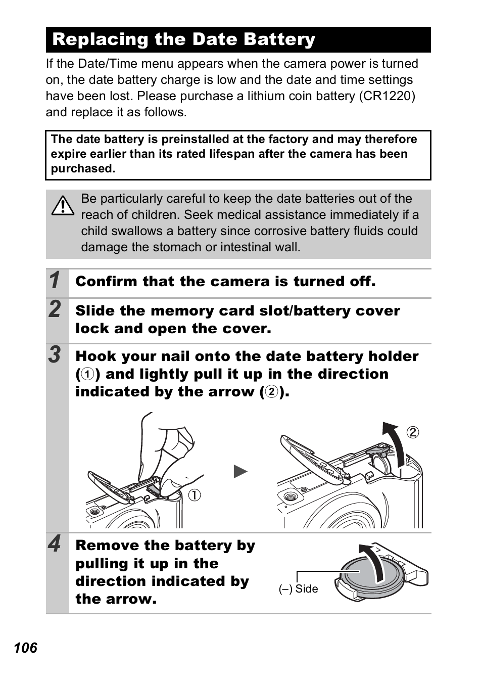 Replacing the date battery, P. 106) | Canon A560 User Manual | Page 108 / 127