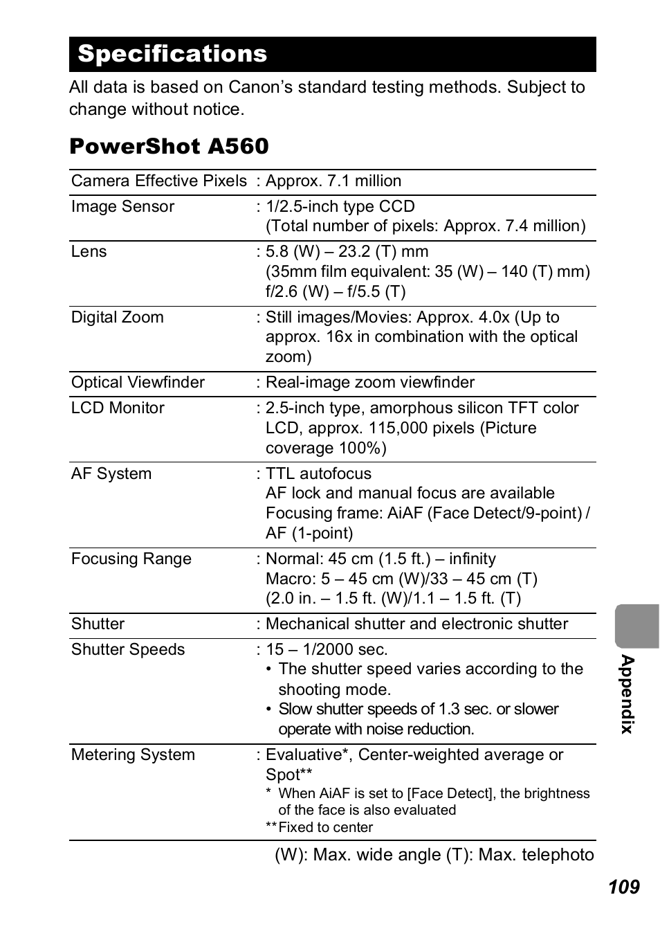 Specifications, P. 109), Powershot a560 | Canon A560 User Manual | Page 111 / 127