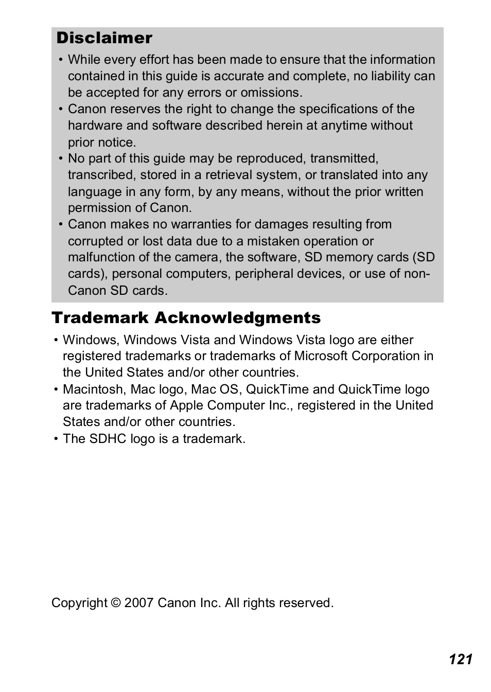 Trademark acknowledgments, Disclaimer | Canon A560 User Manual | Page 123 / 127