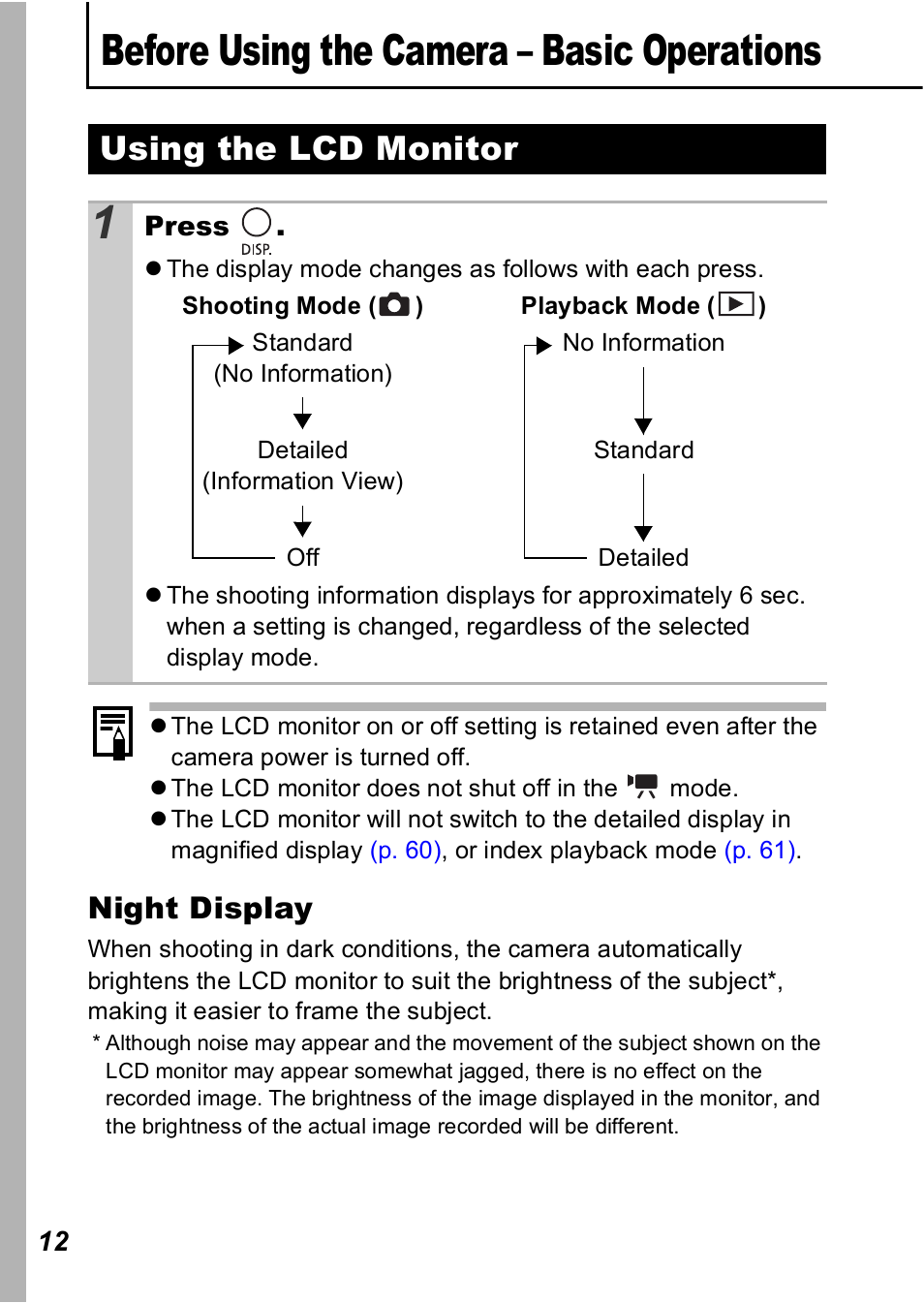 Before using the camera - basic operations, Using the lcd monitor, Before using the camera – basic operations | Night display | Canon A560 User Manual | Page 14 / 127