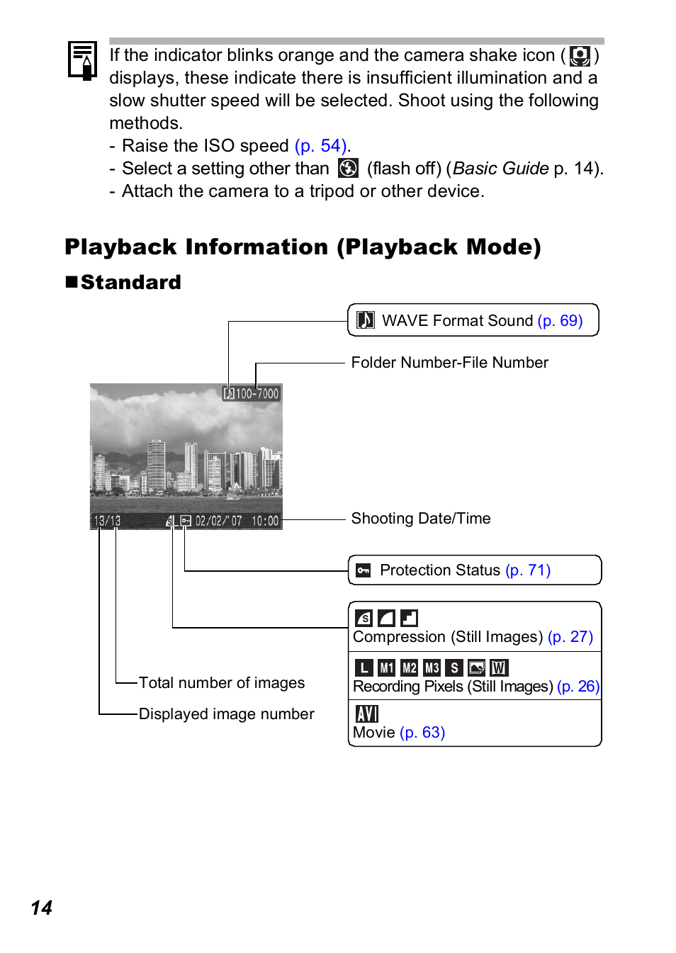 P. 14), Playback information (playback mode), Standard | Canon A560 User Manual | Page 16 / 127