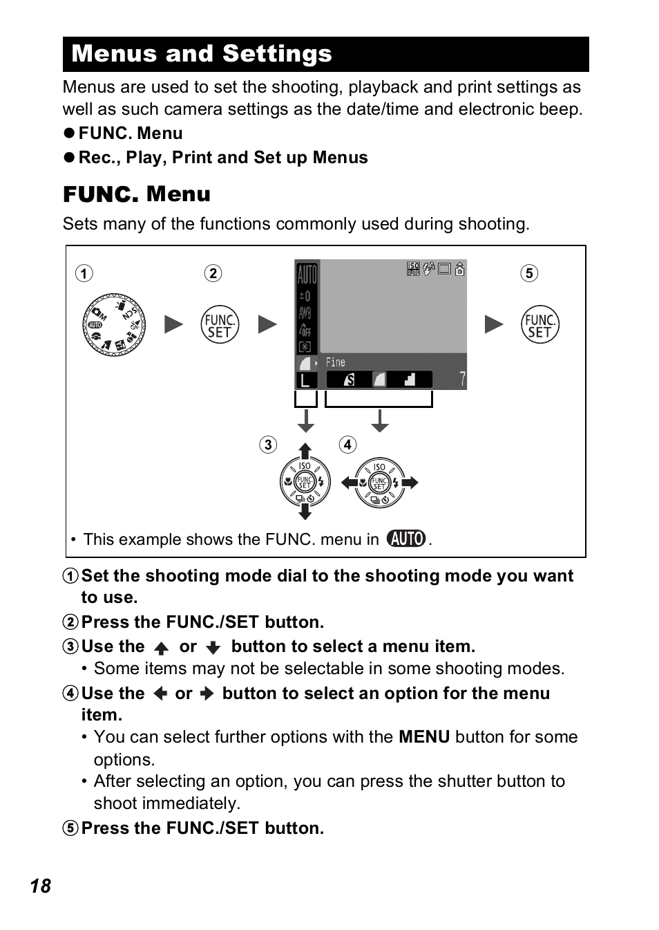 Menus and settings, Func. menu | Canon A560 User Manual | Page 20 / 127