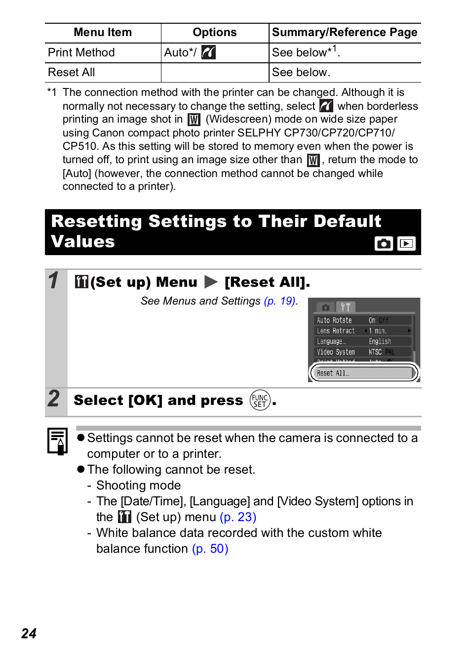 Resetting settings to their default values | Canon A560 User Manual | Page 26 / 127