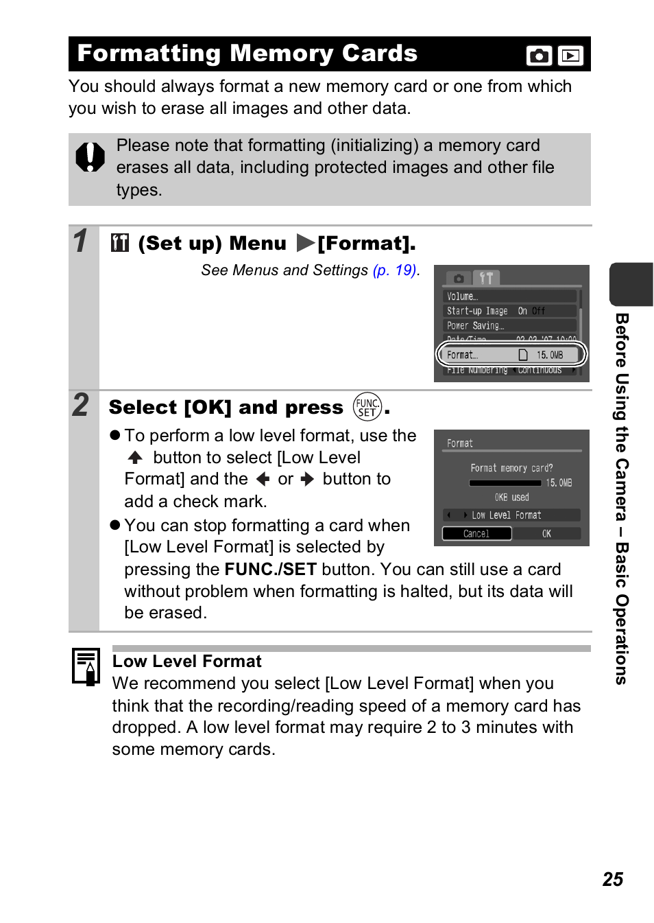Formatting memory cards, P. 25) | Canon A560 User Manual | Page 27 / 127