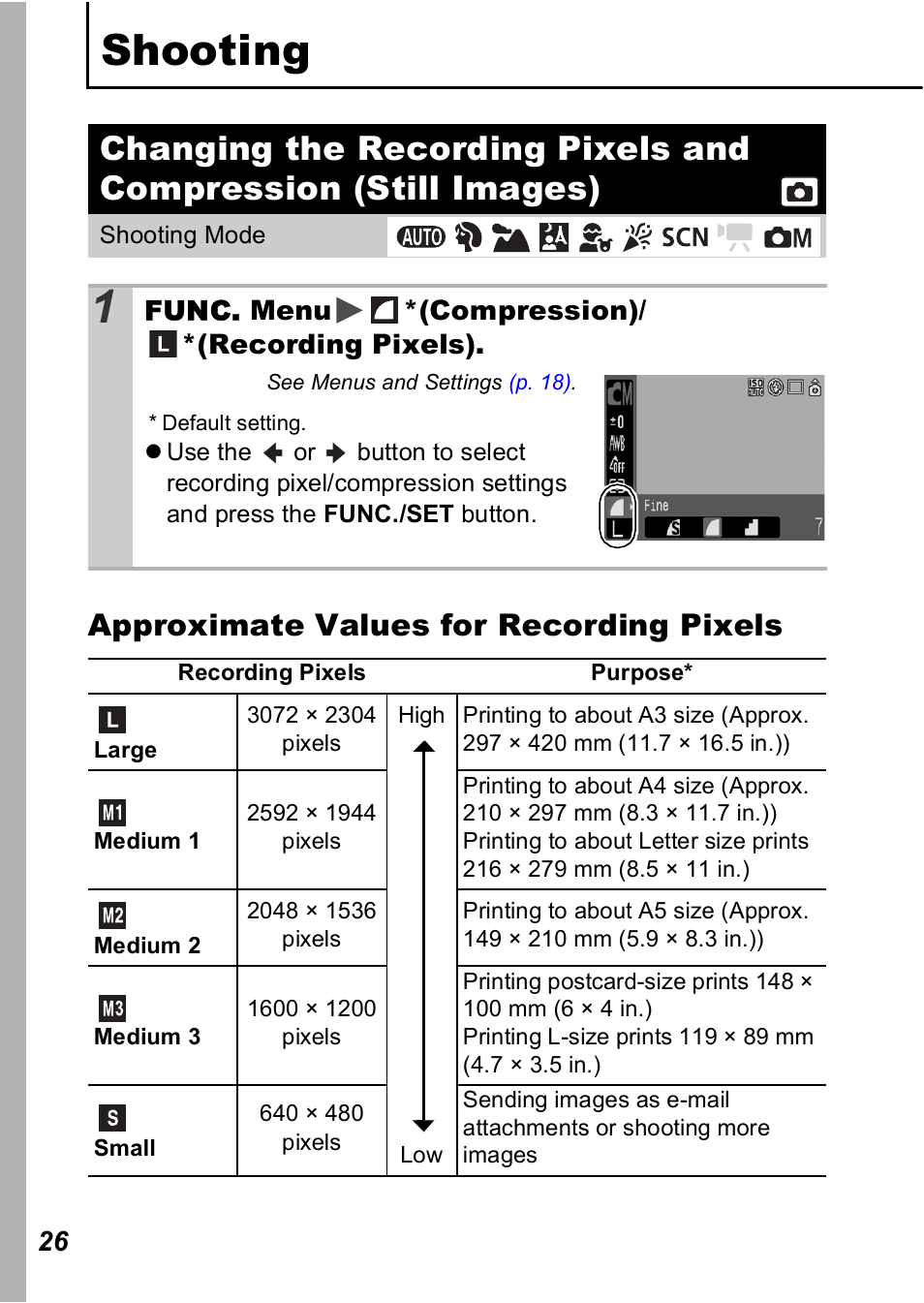 Shooting, Pp. 26, P. 26) | P. 26, Approximate values for recording pixels | Canon A560 User Manual | Page 28 / 127