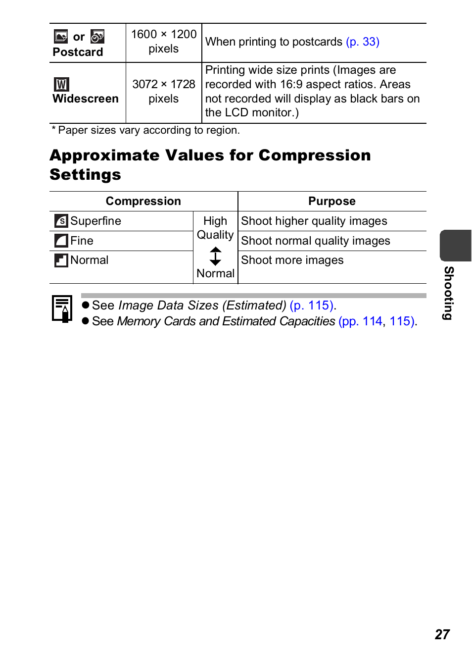 P. 27), Approximate values for compression settings | Canon A560 User Manual | Page 29 / 127