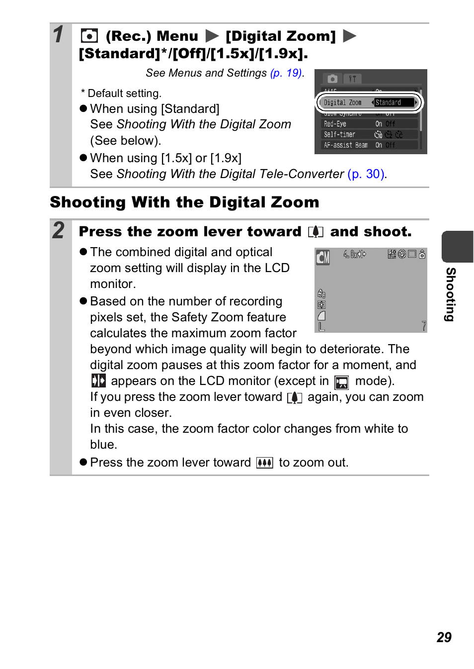 P. 29), Shooting with the digital zoom | Canon A560 User Manual | Page 31 / 127