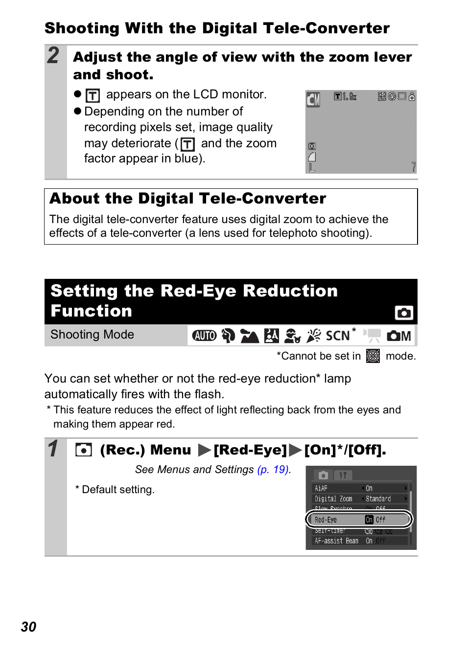 Setting the red-eye reduction function, P. 30, P. 30) | Shooting with the digital tele-converter, About the digital tele-converter | Canon A560 User Manual | Page 32 / 127