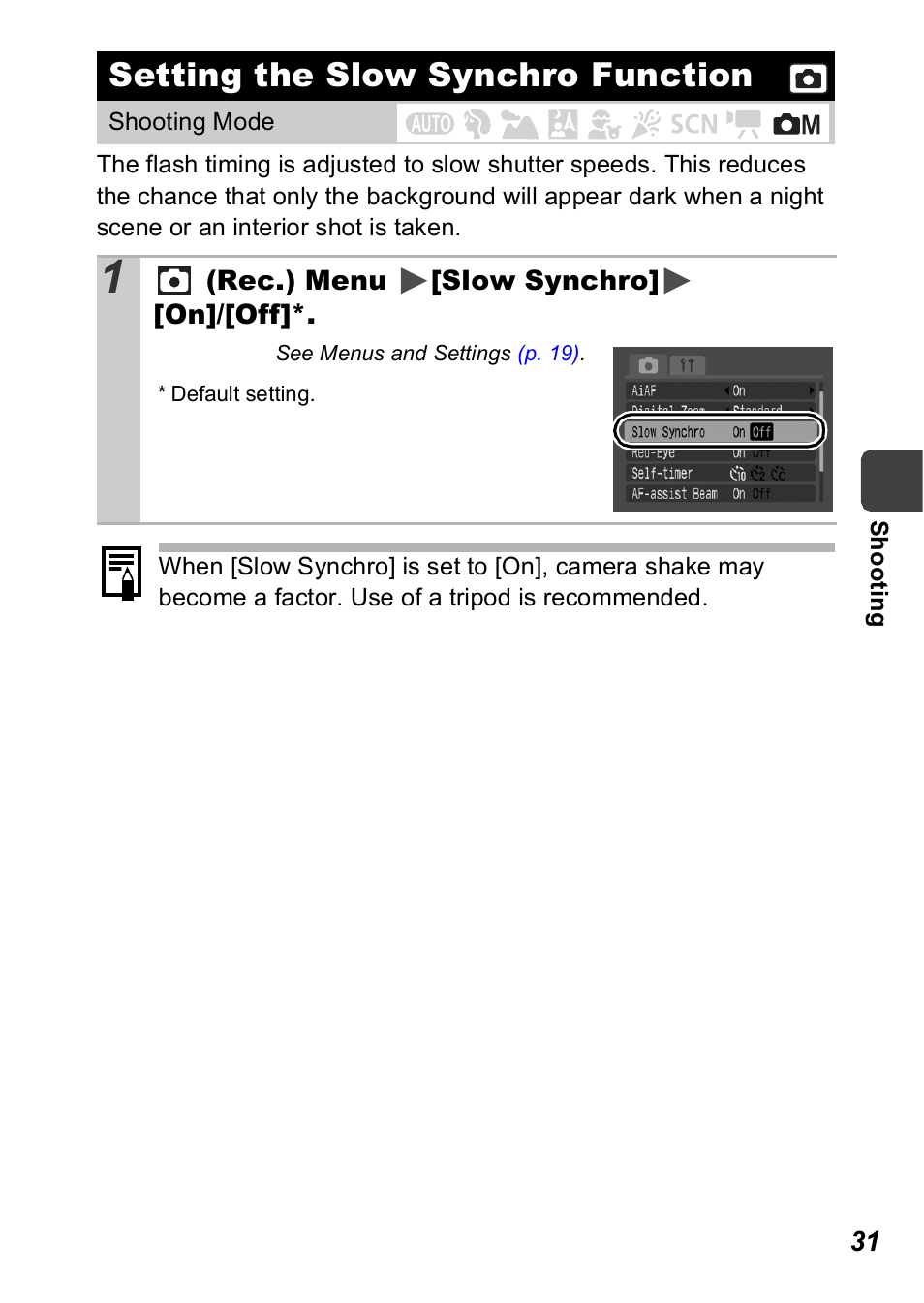 Setting the slow synchro function, P. 31 | Canon A560 User Manual | Page 33 / 127