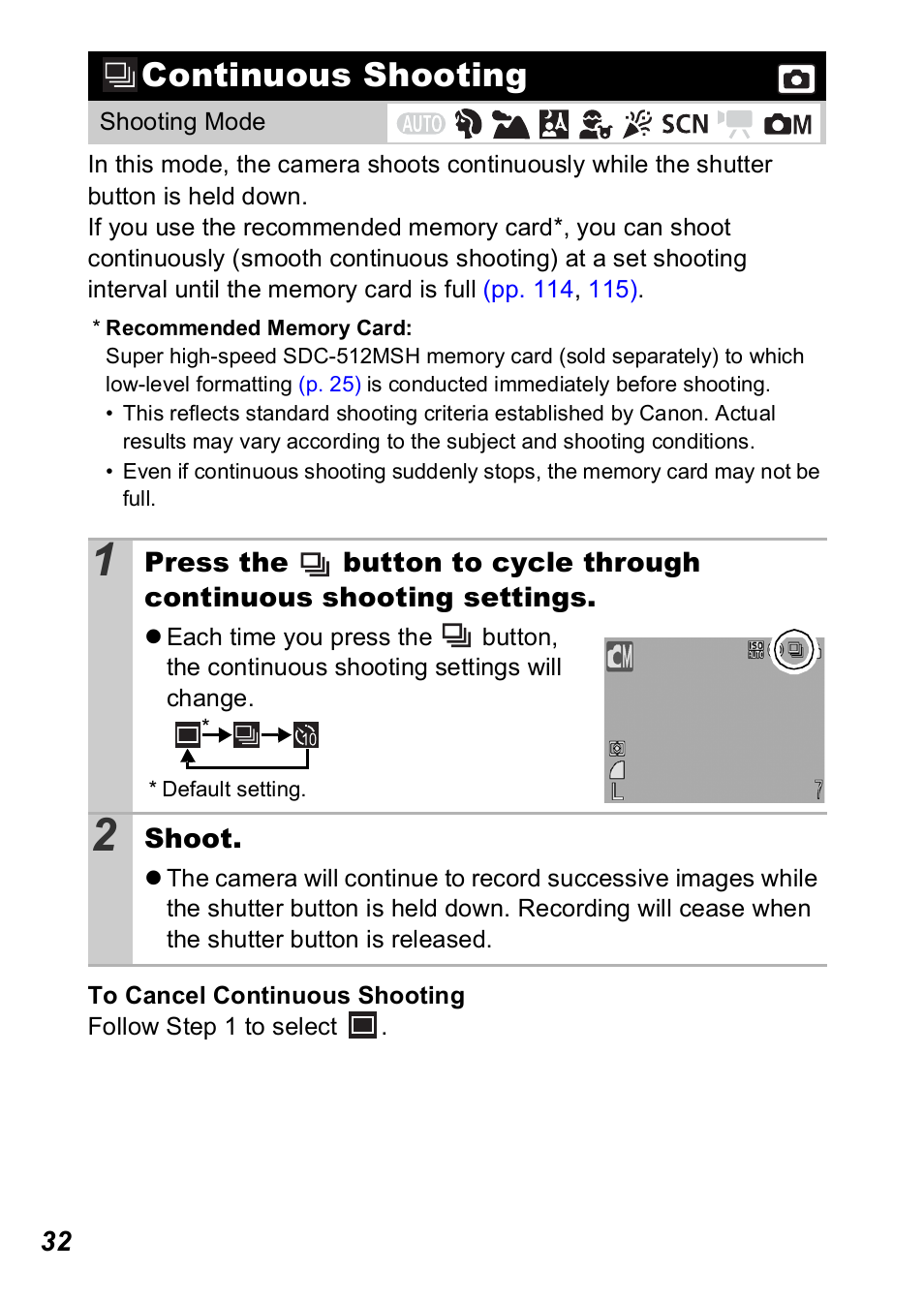 Continuous shooting, P. 32 | Canon A560 User Manual | Page 34 / 127