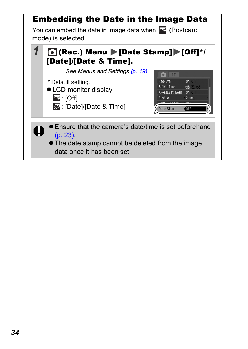 Embedding the date in the image data, P. 34 | Canon A560 User Manual | Page 36 / 127