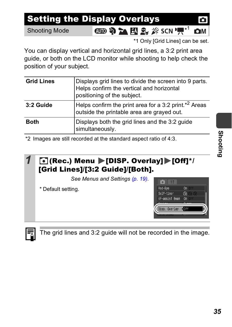 Setting the display overlays, P. 35), P. 35 | Canon A560 User Manual | Page 37 / 127