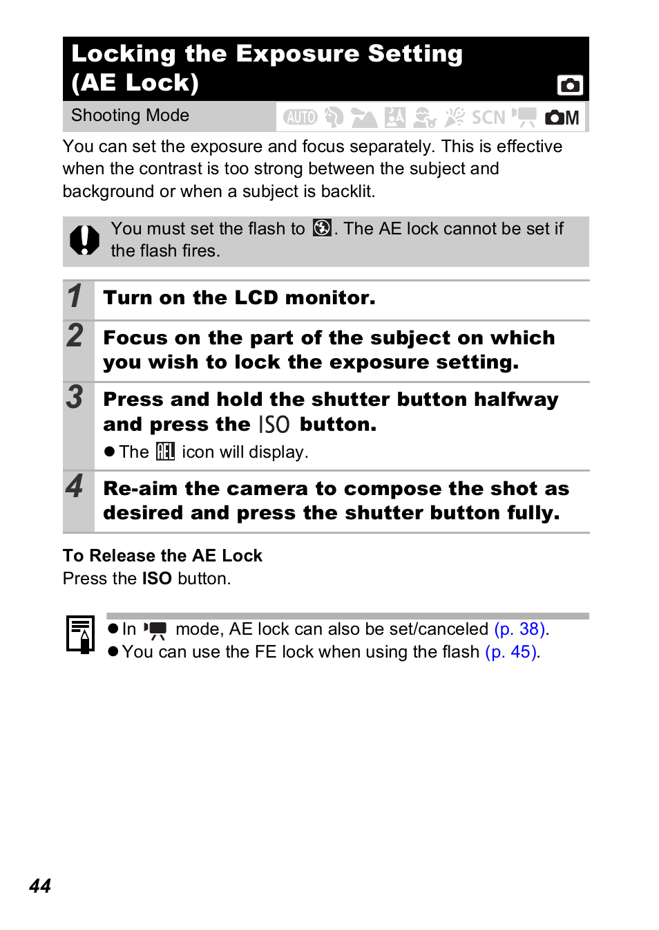 Locking the exposure setting (ae lock), P. 44) | Canon A560 User Manual | Page 46 / 127