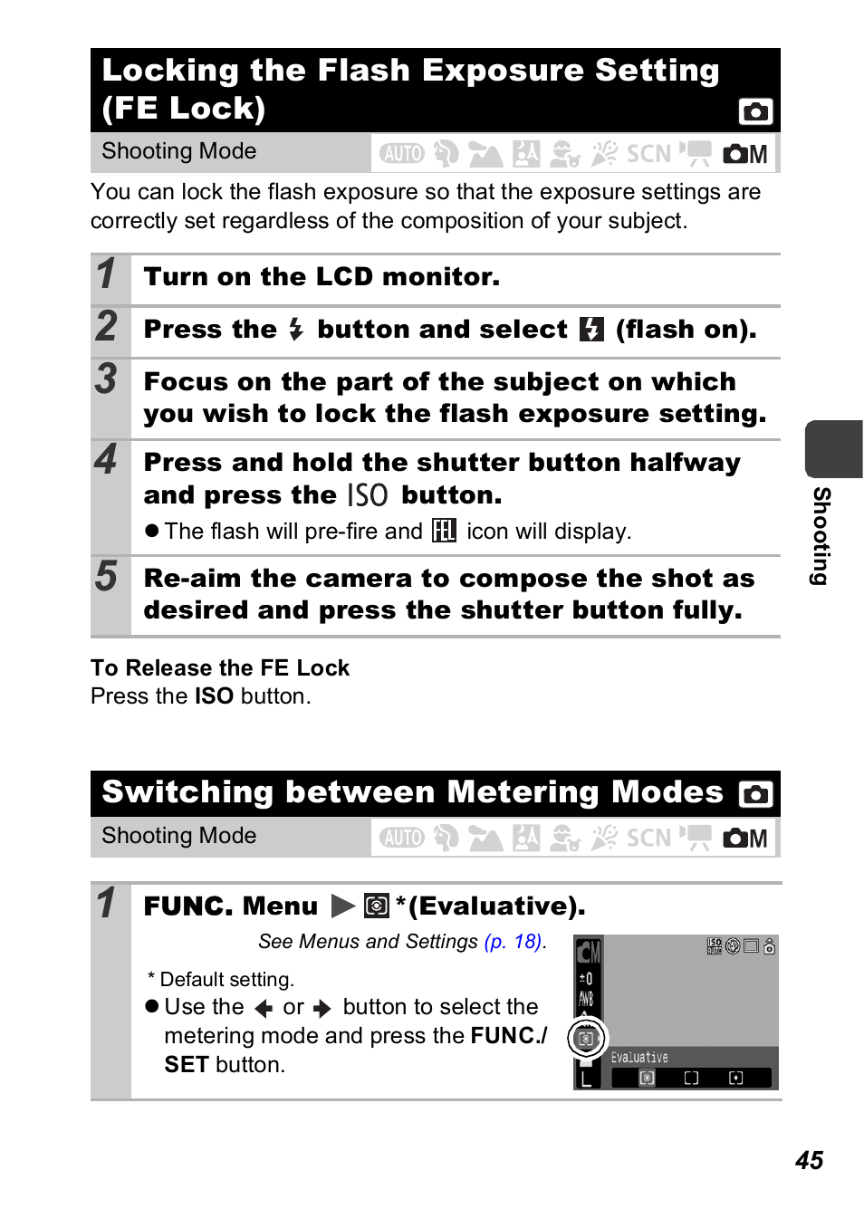Locking the flash exposure setting (fe lock), Switching between metering modes, P. 45) | P. 45 | Canon A560 User Manual | Page 47 / 127