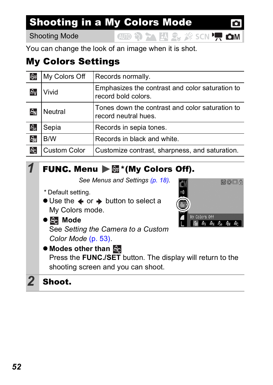 Shooting in a my colors mode, P. 52), P. 52 | My colors settings | Canon A560 User Manual | Page 54 / 127