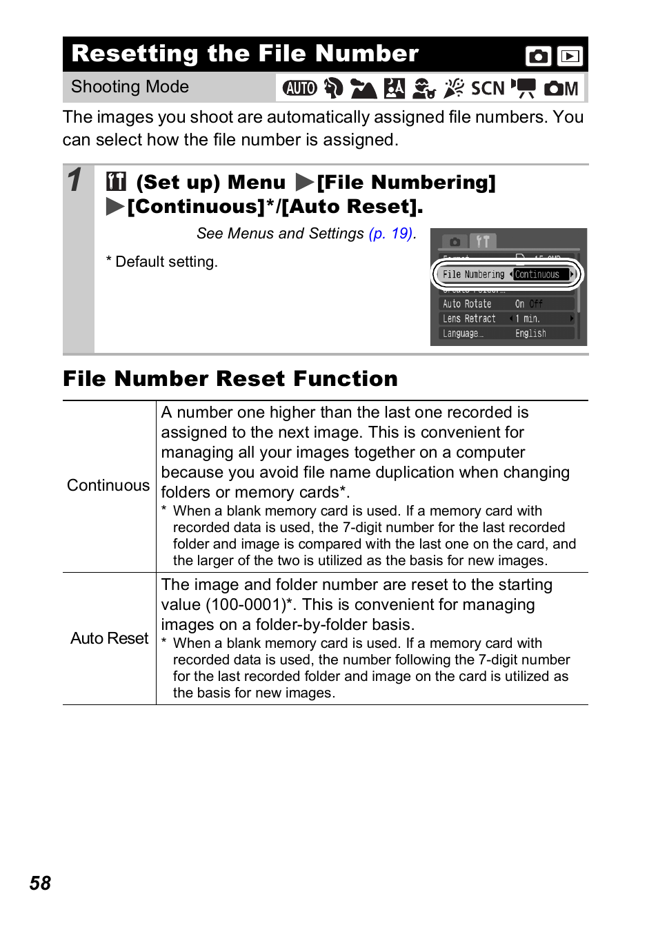 Resetting the file number, P. 58, File number reset function | Canon A560 User Manual | Page 60 / 127