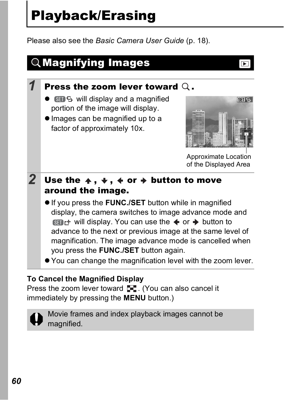 Playback/erasing, Magnifying images | Canon A560 User Manual | Page 62 / 127