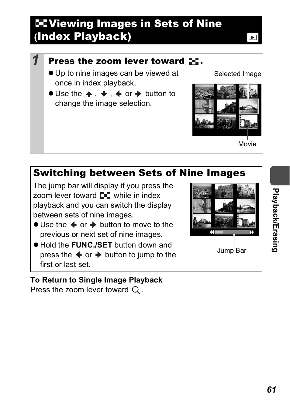 Viewing images in sets of nine (index playback), Viewing images in sets of nine, Index playback) | Switching between sets of nine images | Canon A560 User Manual | Page 63 / 127
