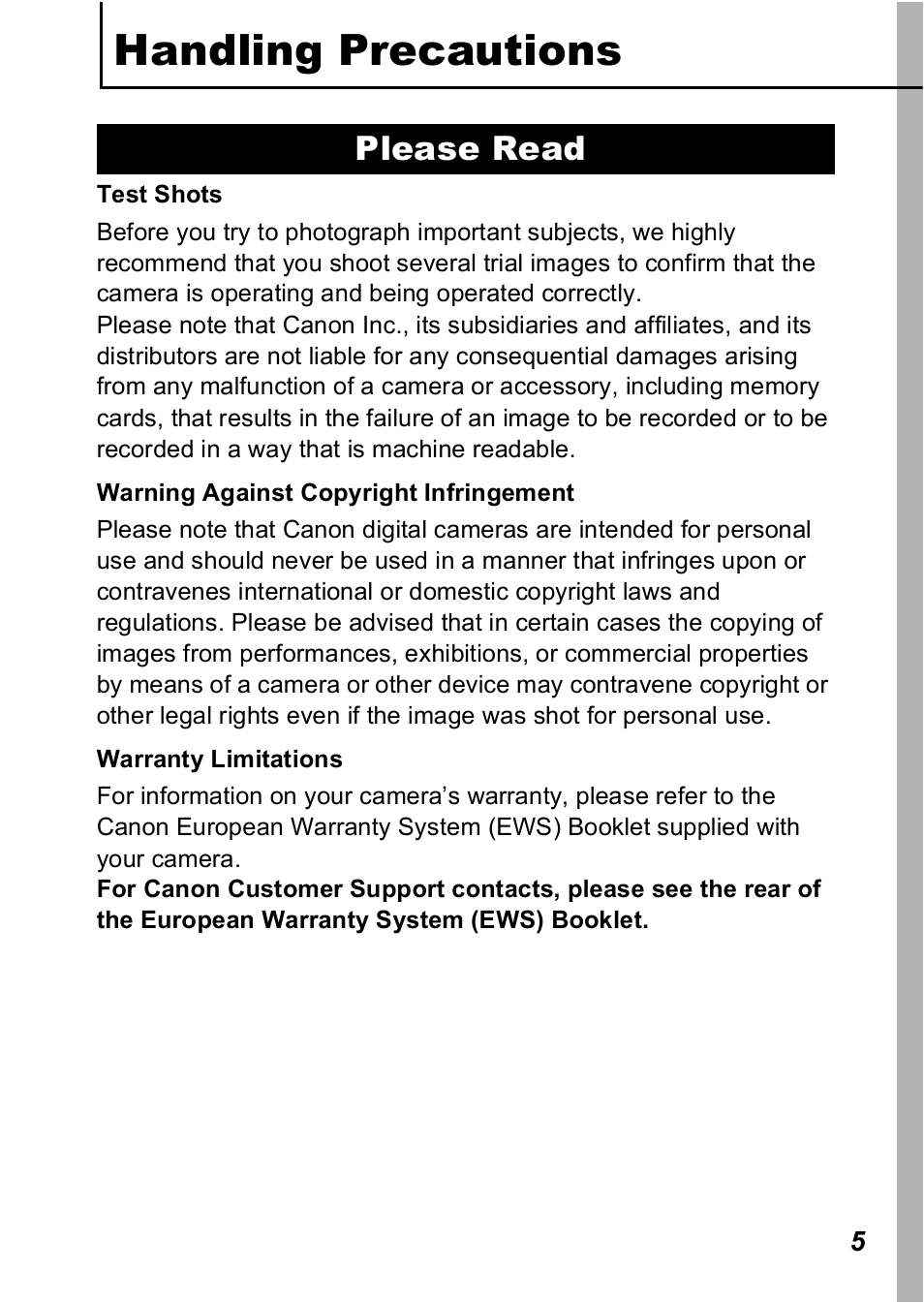 Handling precautions, Please read | Canon A560 User Manual | Page 7 / 127