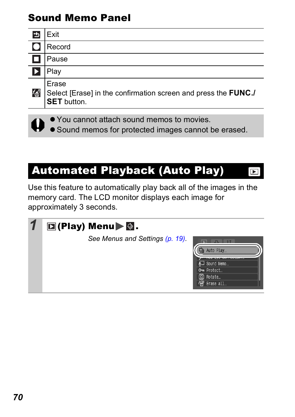 Automated playback (auto play), P. 70 | Canon A560 User Manual | Page 72 / 127