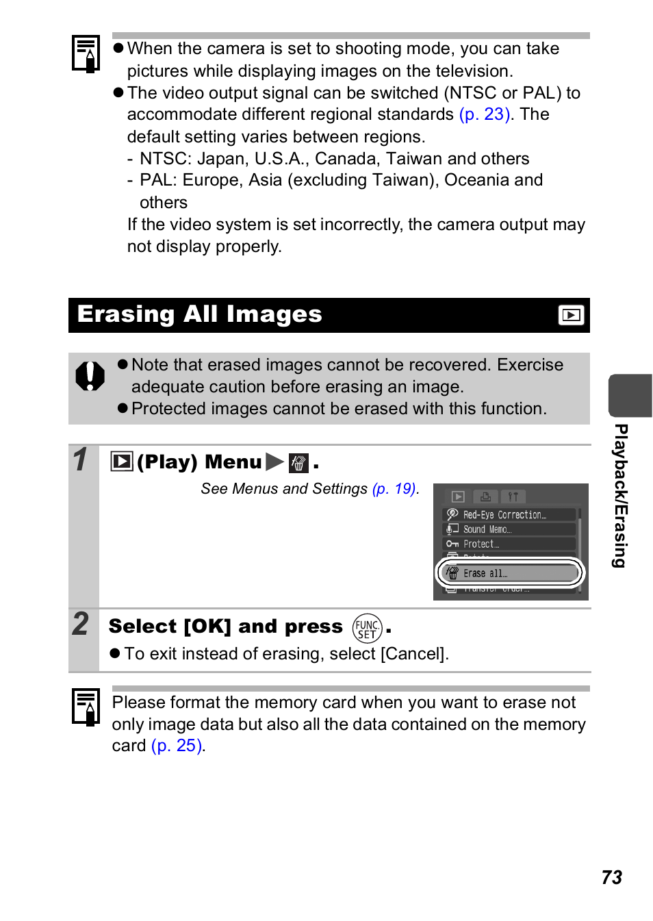 Erasing all images, P. 73 | Canon A560 User Manual | Page 75 / 127