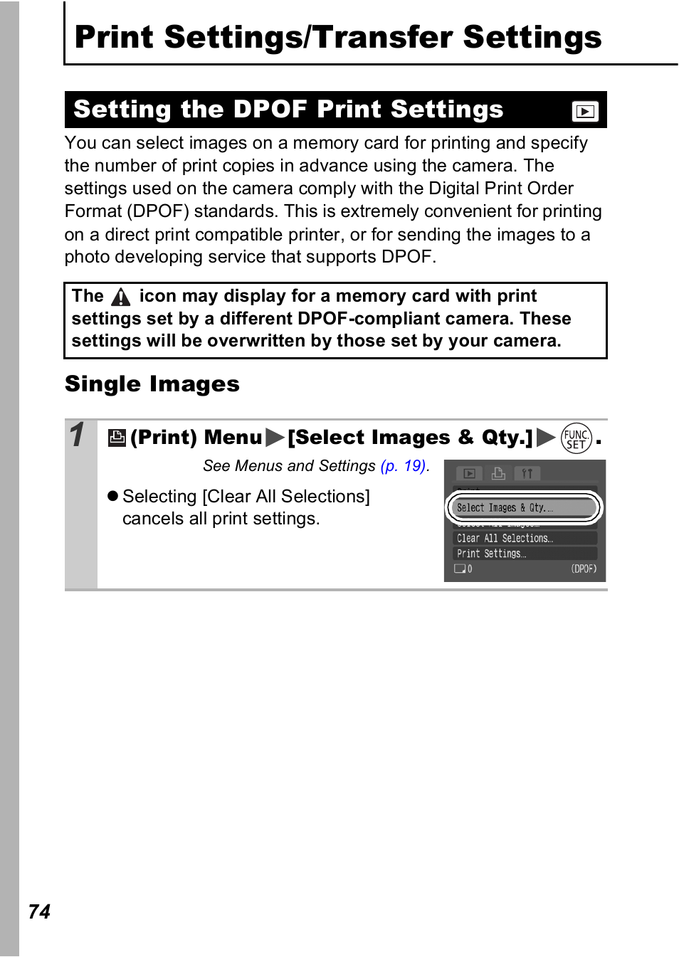 Print settings/transfer settings, Setting the dpof print settings, P. 74 | Canon A560 User Manual | Page 76 / 127