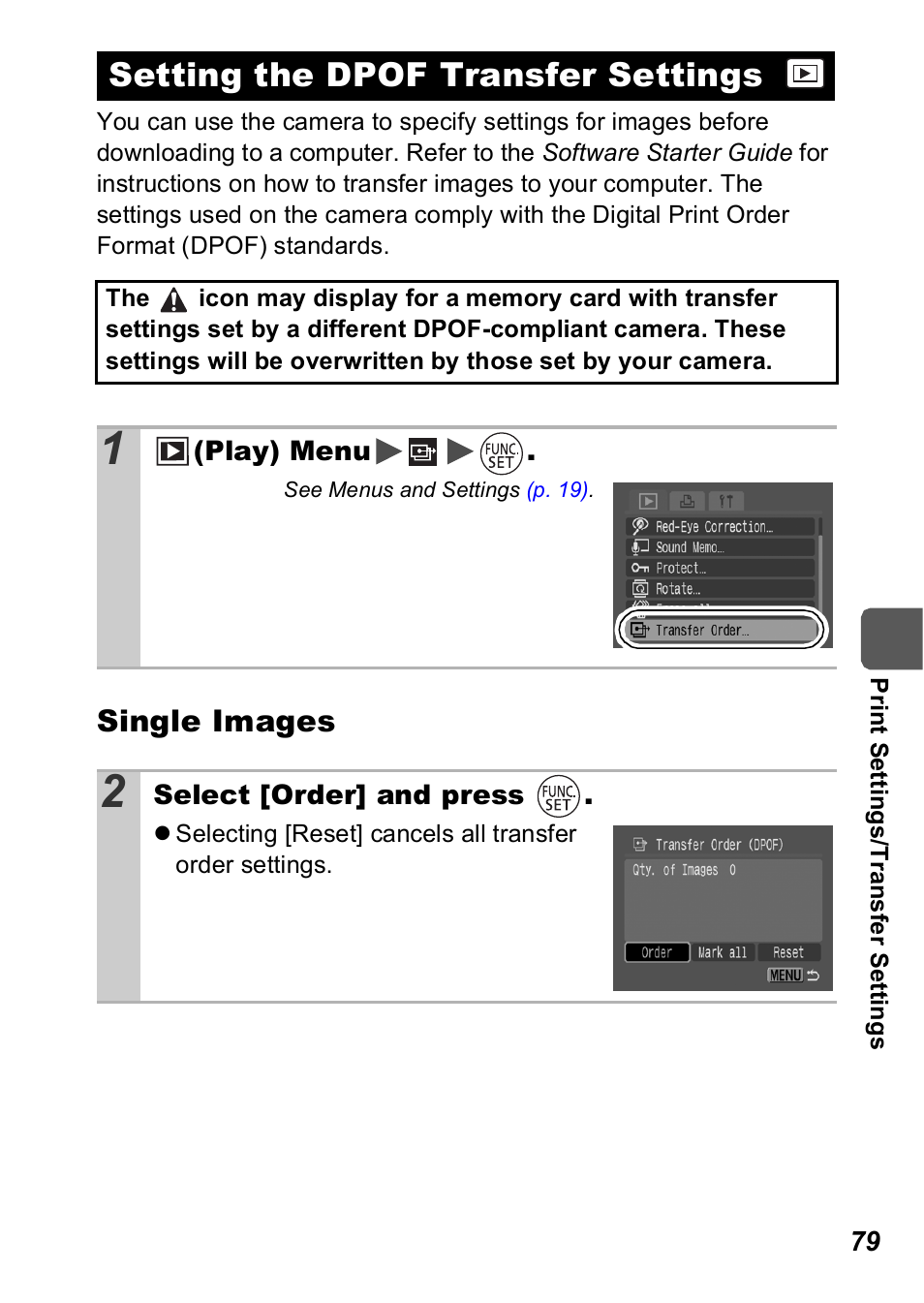 Setting the dpof transfer settings, P. 79, Single images | Canon A560 User Manual | Page 81 / 127