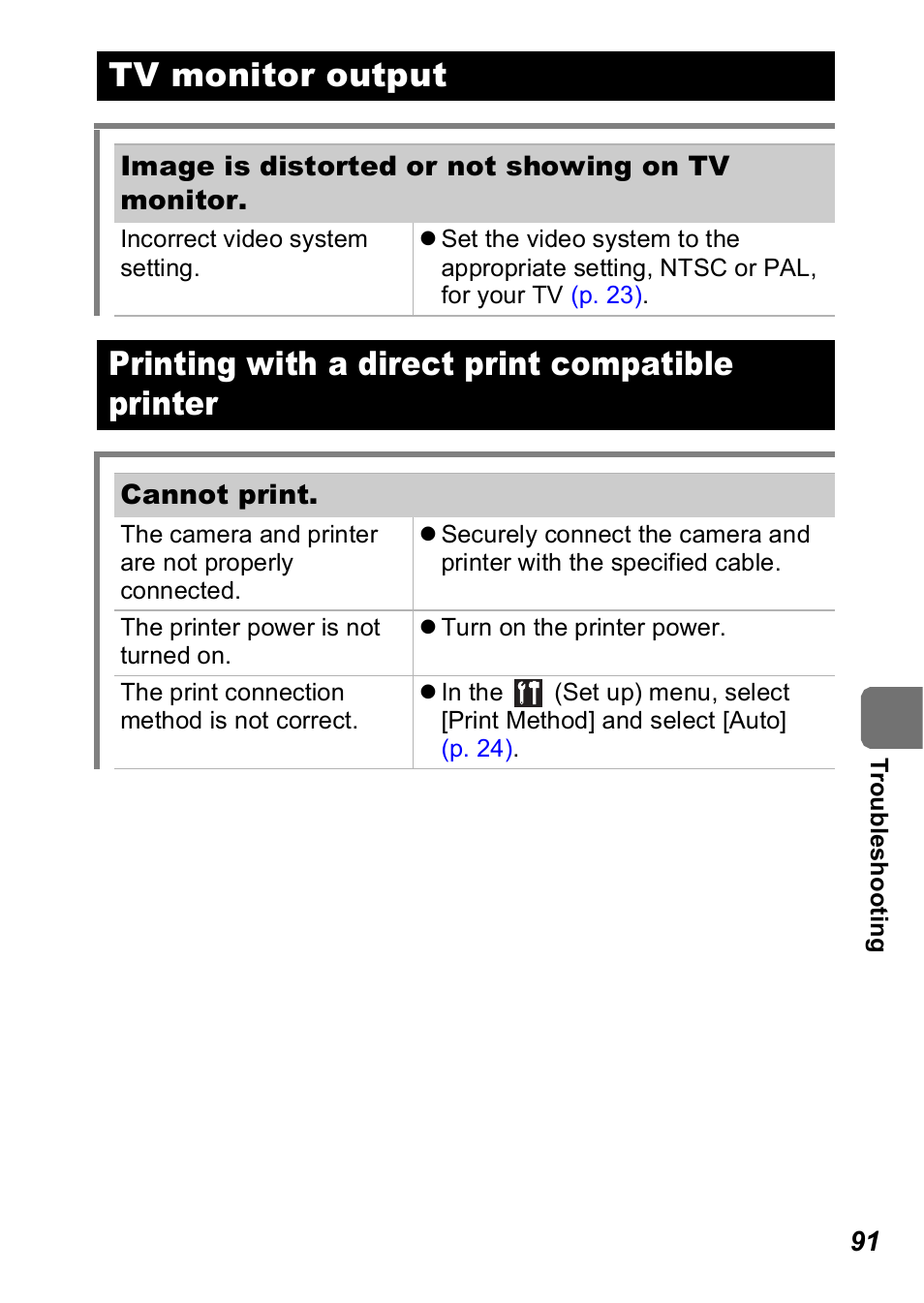 Tv monitor output, Printing with a direct print compatible printer | Canon A560 User Manual | Page 93 / 127