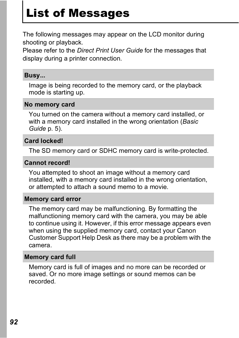 List of messages | Canon A560 User Manual | Page 94 / 127