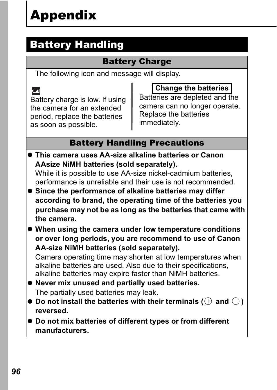 Appendix, Battery handling, P. 96) | Canon A560 User Manual | Page 98 / 127