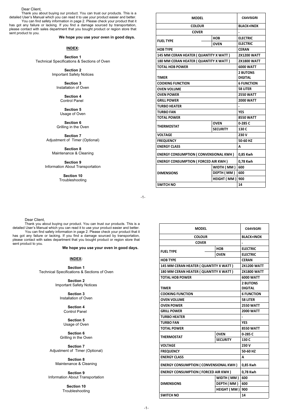 User instructions, Electrical ovens with 4 hotplates | Campomatic C64VSGRI User Manual | Page 2 / 12