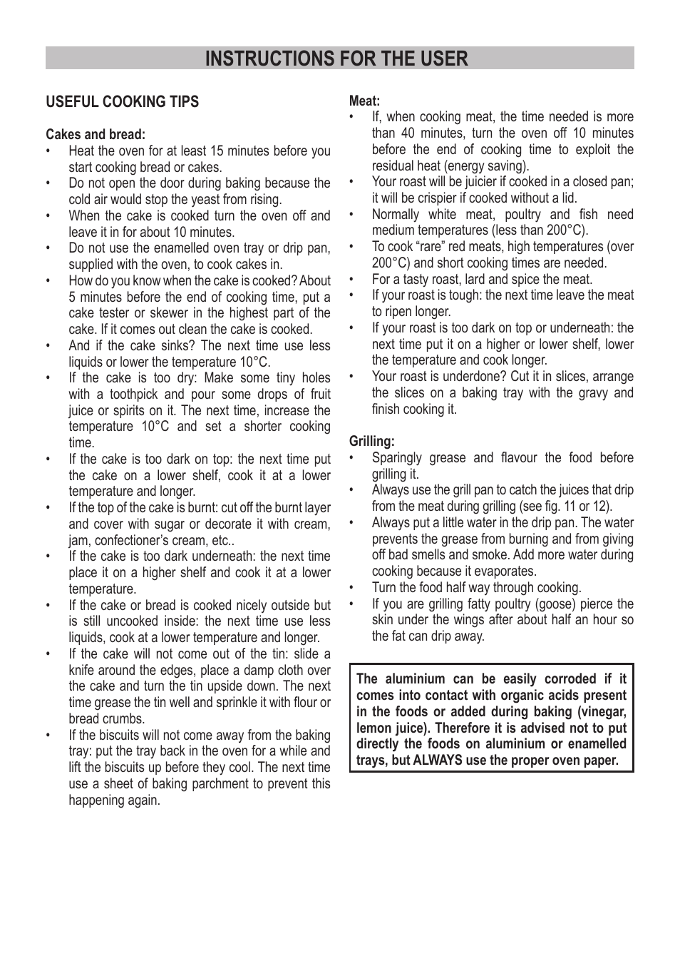 Instructions for the user | Campomatic C964XRSIFSCN User Manual | Page 20 / 72