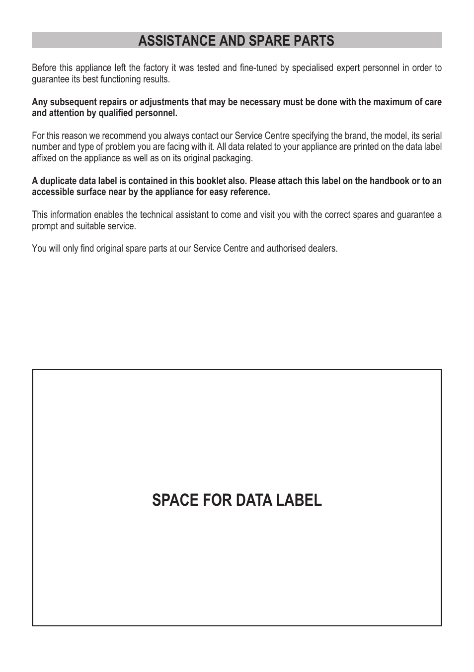 Space for data label, Assistance and spare parts | Campomatic C964XRSIFSCN User Manual | Page 3 / 72