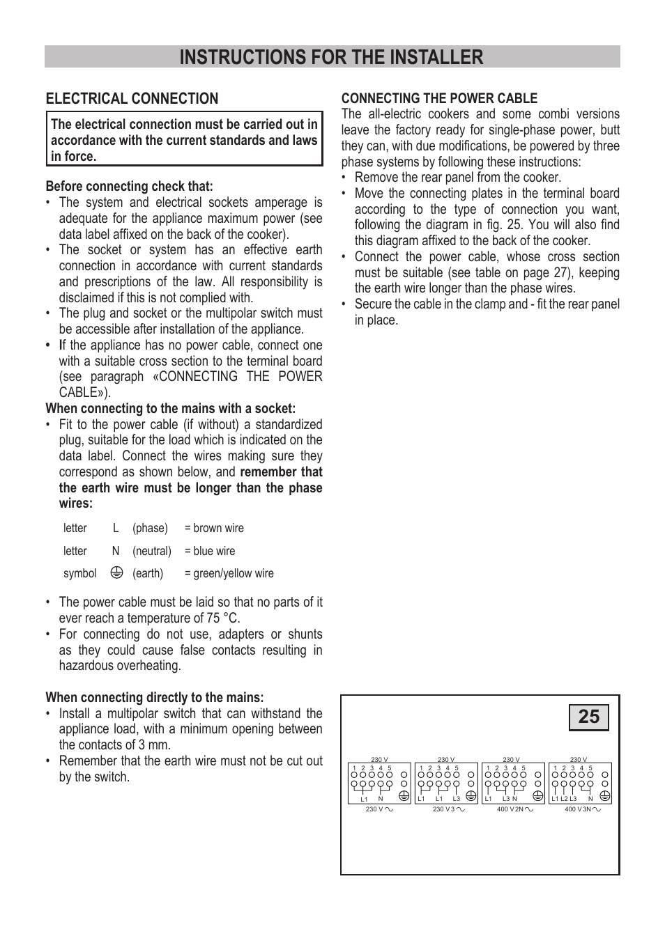 Instructions for the installer, Electrical connection | Campomatic C964XRSIFSCN User Manual | Page 31 / 72