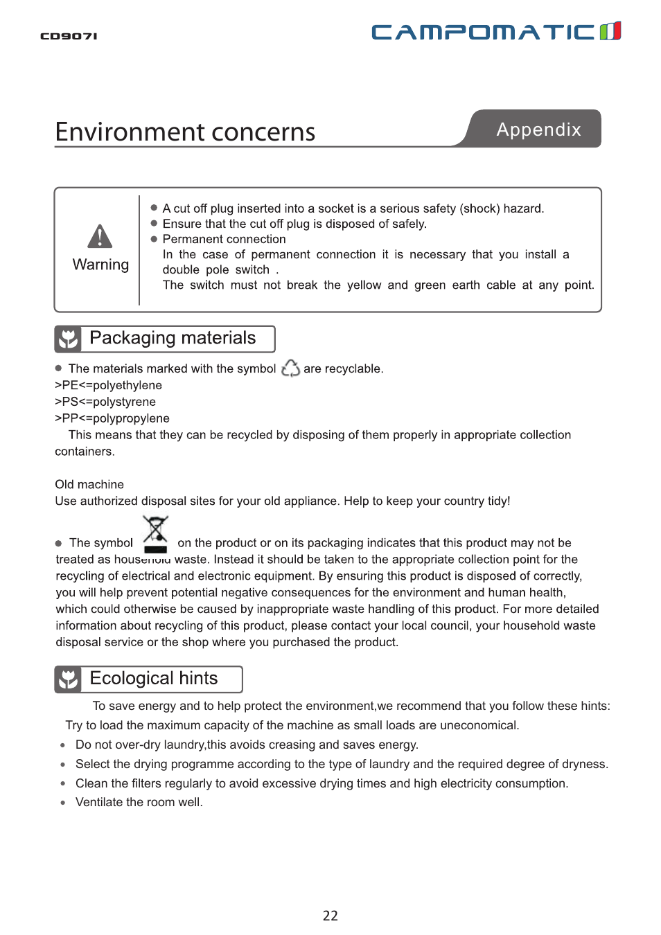 Environment concerns, Appendix, Cd907i | Campomatic CD907I User Manual | Page 22 / 23