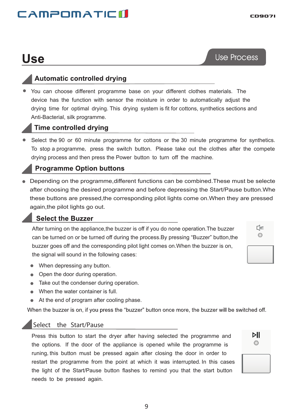 Cd907i, Select the start/pause | Campomatic CD907I User Manual | Page 9 / 23