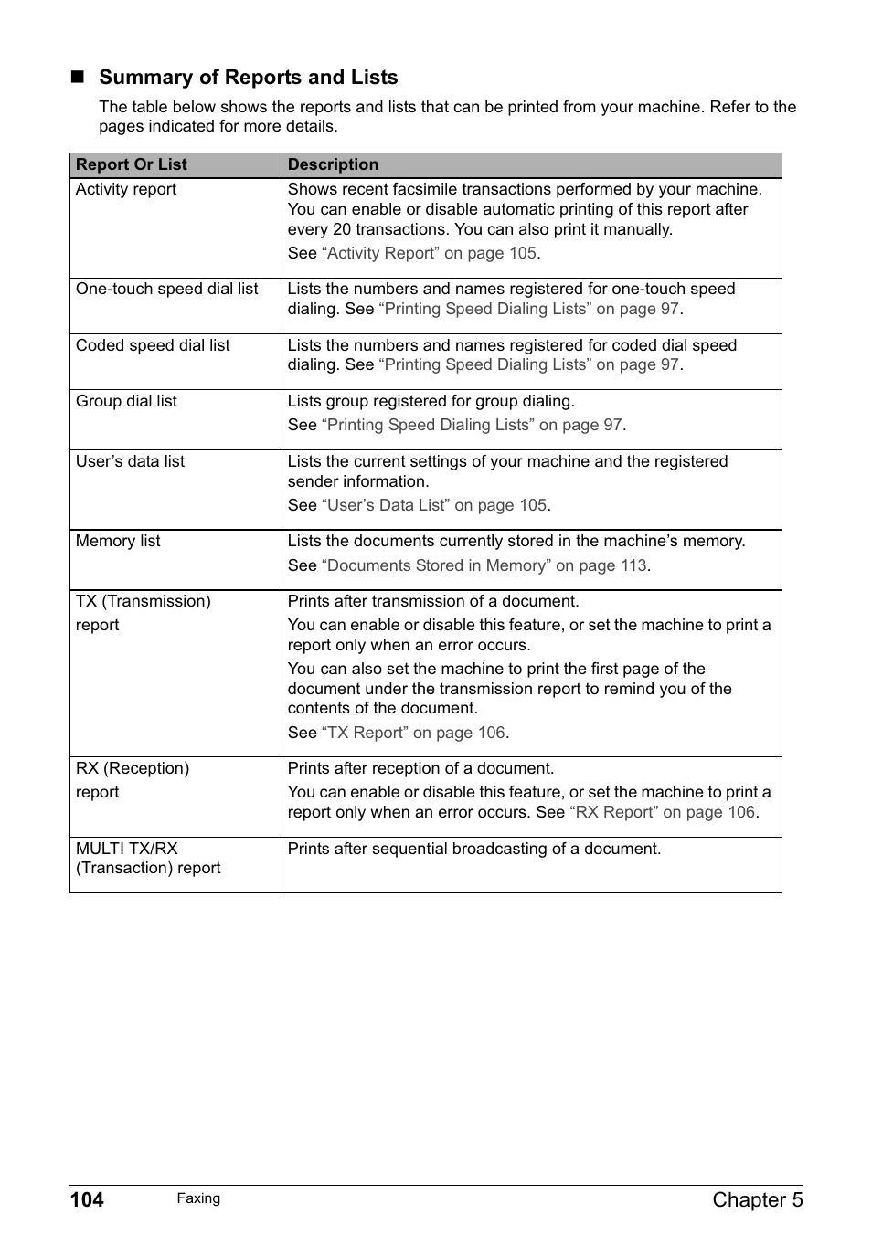 104 chapter 5, Summary of reports and lists | Canon PIXMA MP830 User Manual | Page 106 / 222
