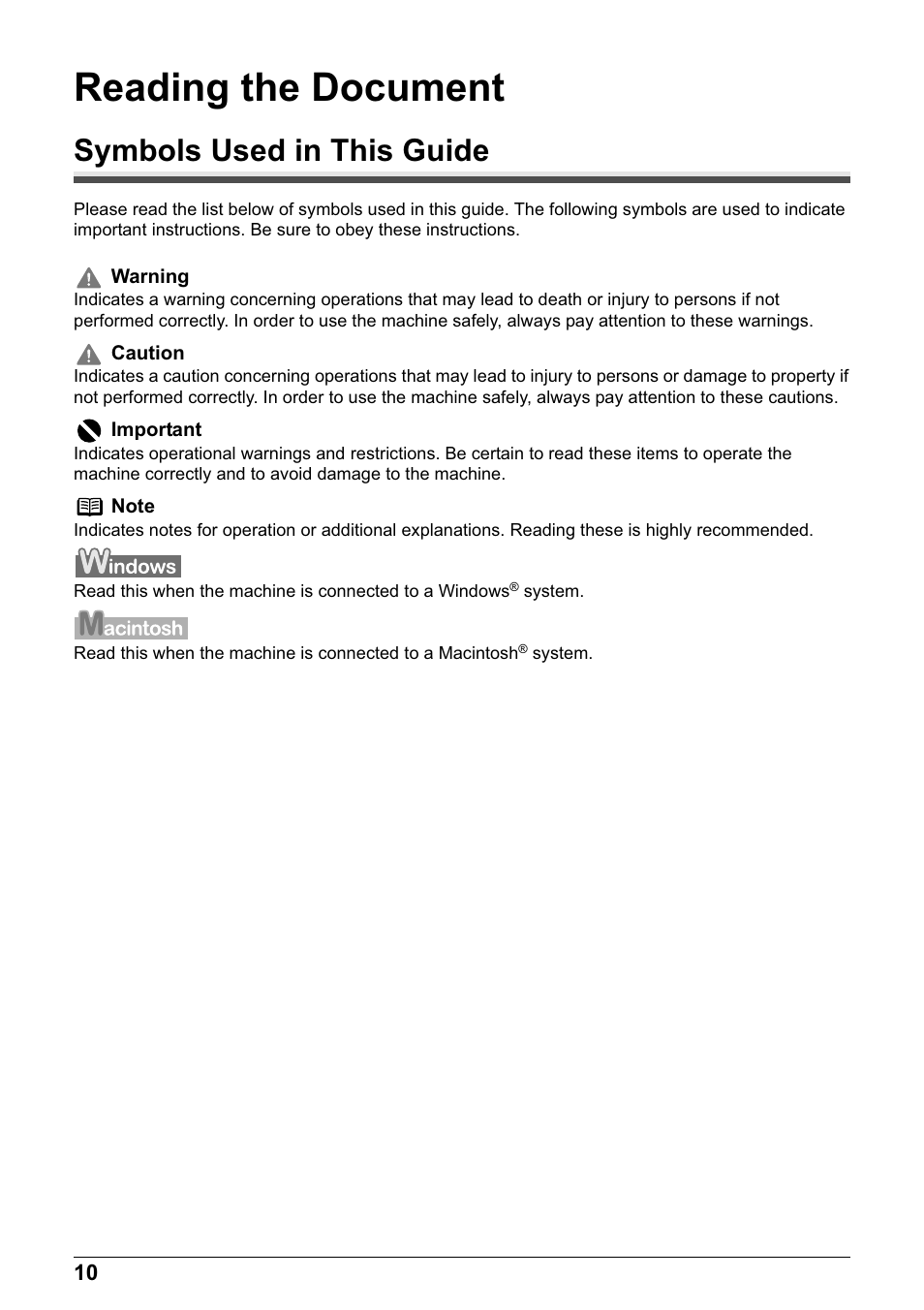 Reading the document, Symbols used in this guide | Canon PIXMA MP830 User Manual | Page 12 / 222