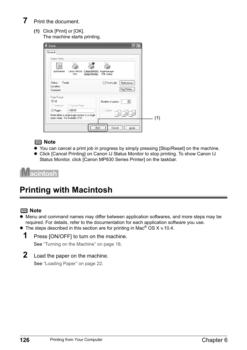 Printing with macintosh 1 | Canon PIXMA MP830 User Manual | Page 128 / 222