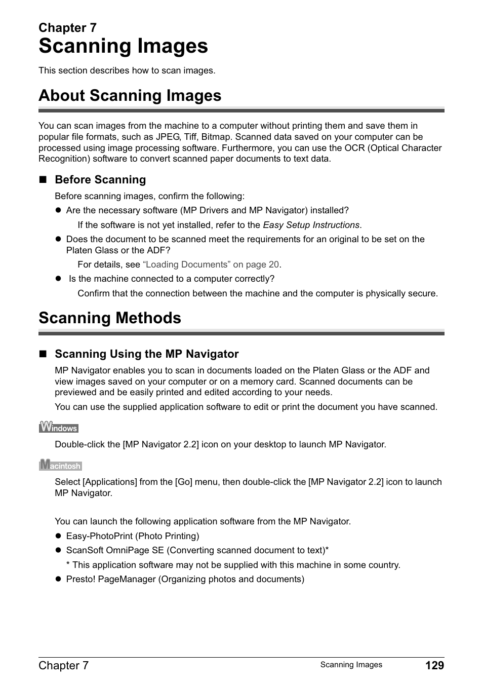 Scanning images, About scanning images, Scanning methods | Chapter 7 | Canon PIXMA MP830 User Manual | Page 131 / 222