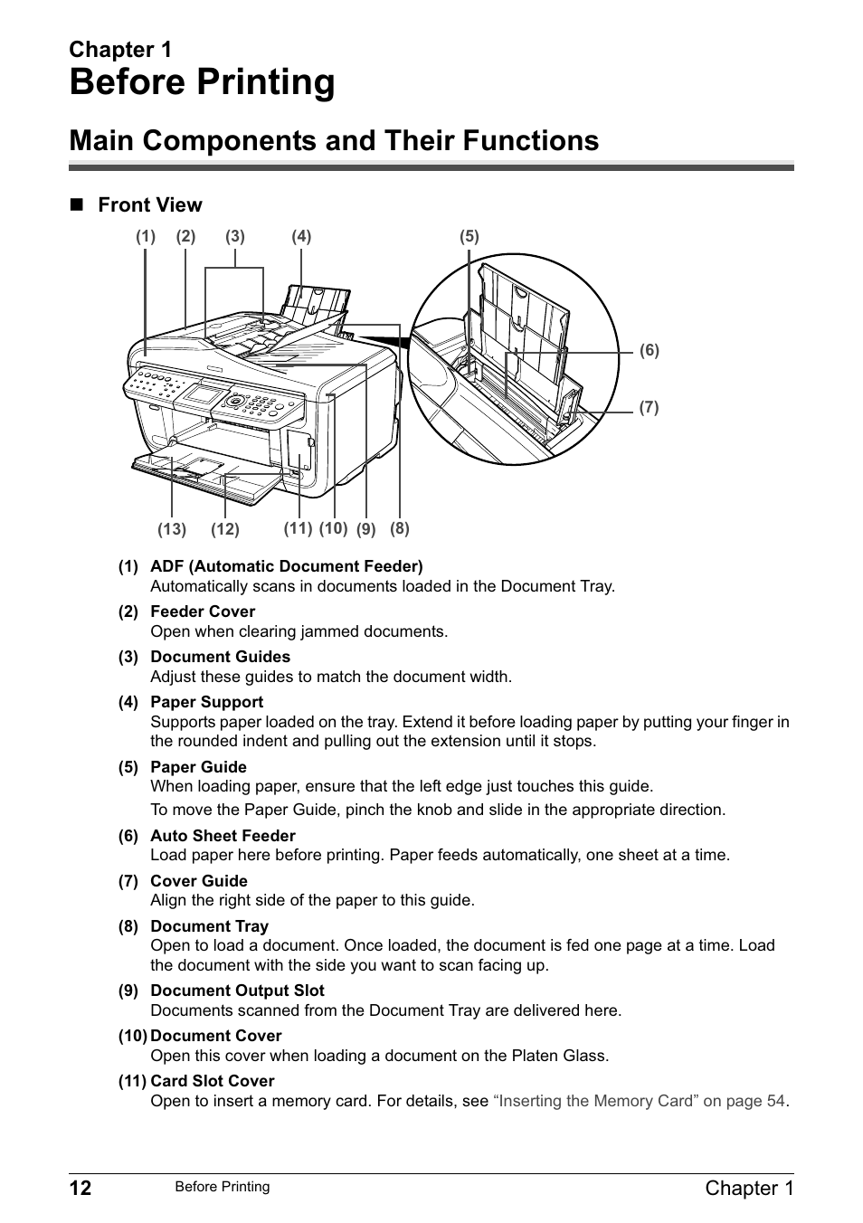 Before printing, Main components and their functions, Chapter 1 | Canon PIXMA MP830 User Manual | Page 14 / 222