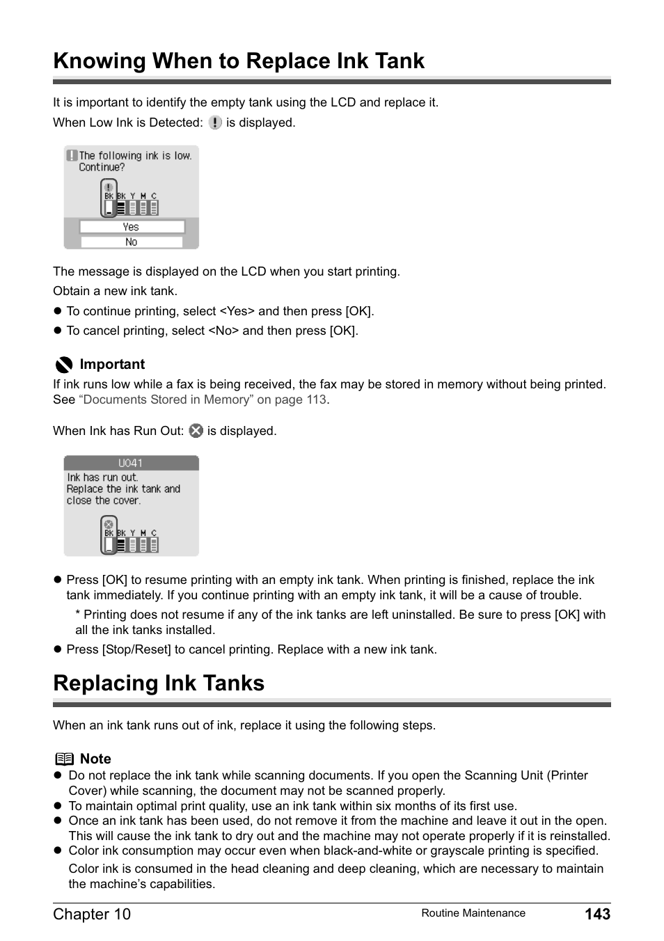 Knowing when to replace ink tank, Replacing ink tanks | Canon PIXMA MP830 User Manual | Page 145 / 222