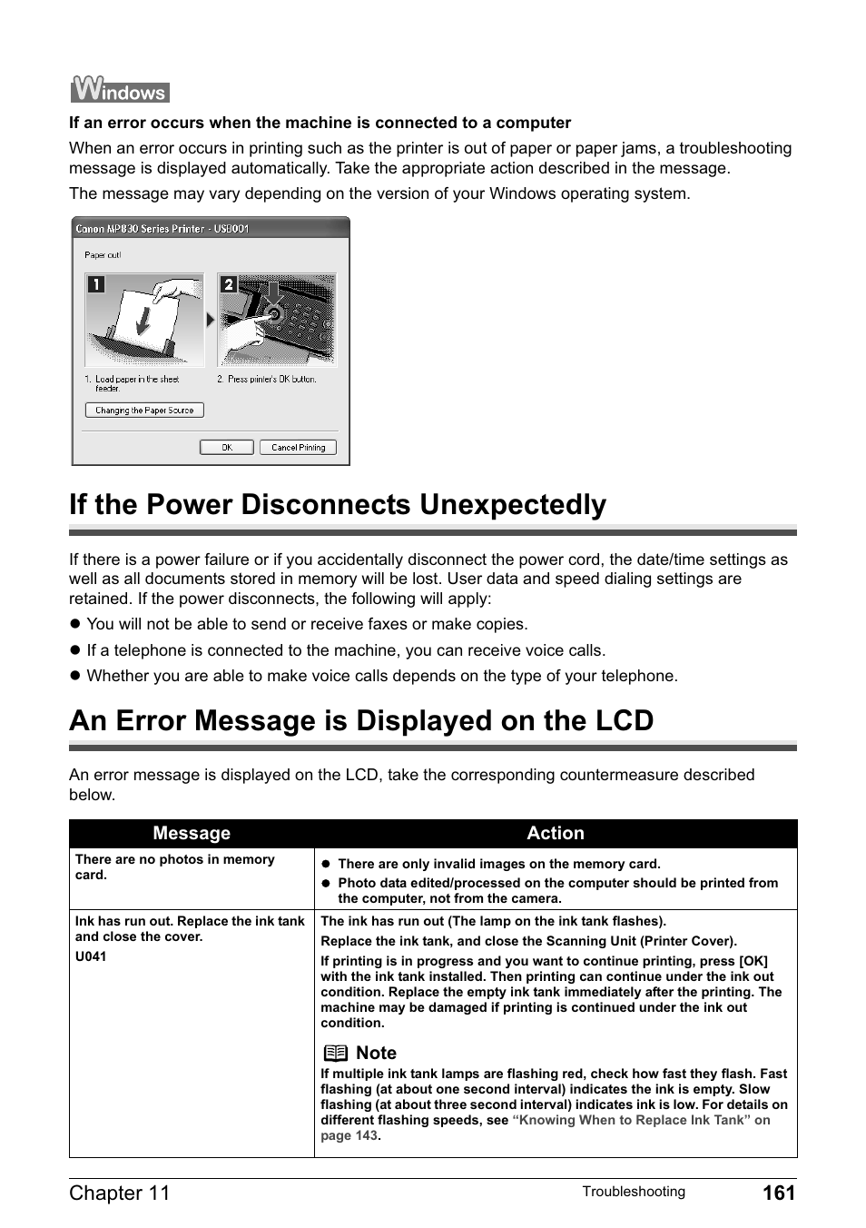 If the power disconnects unexpectedly, An error message is displayed on the lcd | Canon PIXMA MP830 User Manual | Page 163 / 222