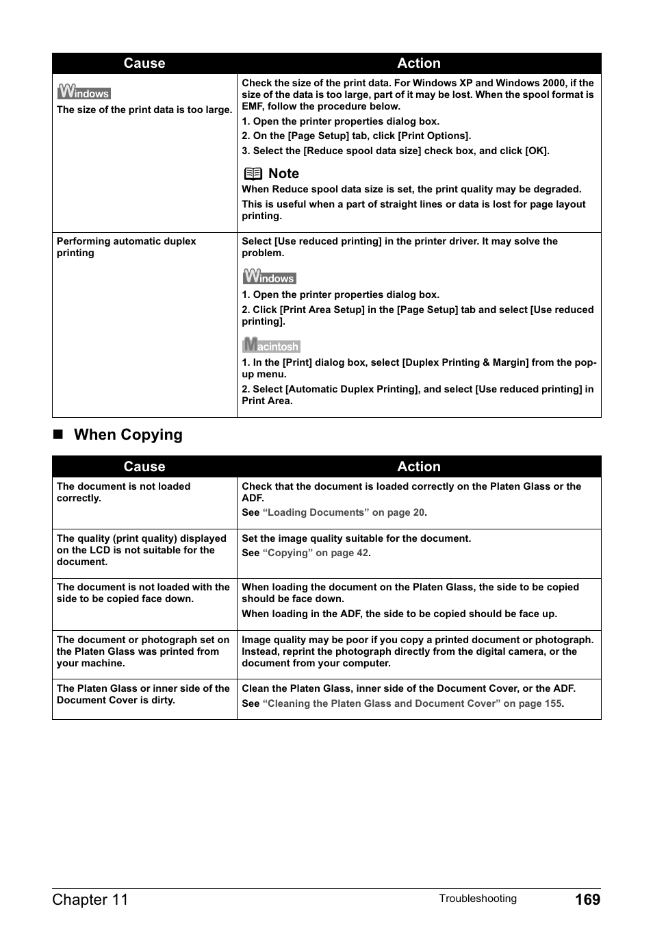 When copying, Cause action | Canon PIXMA MP830 User Manual | Page 171 / 222